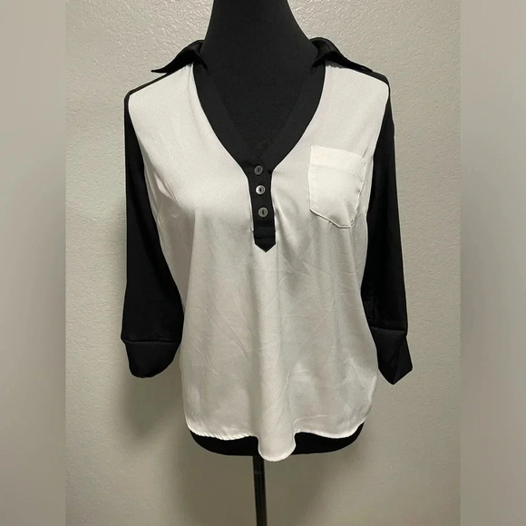 2B Bebe Tops - Vintage Y2K 90s 2b bebe color block collared blouse w roll tab sleeves XS